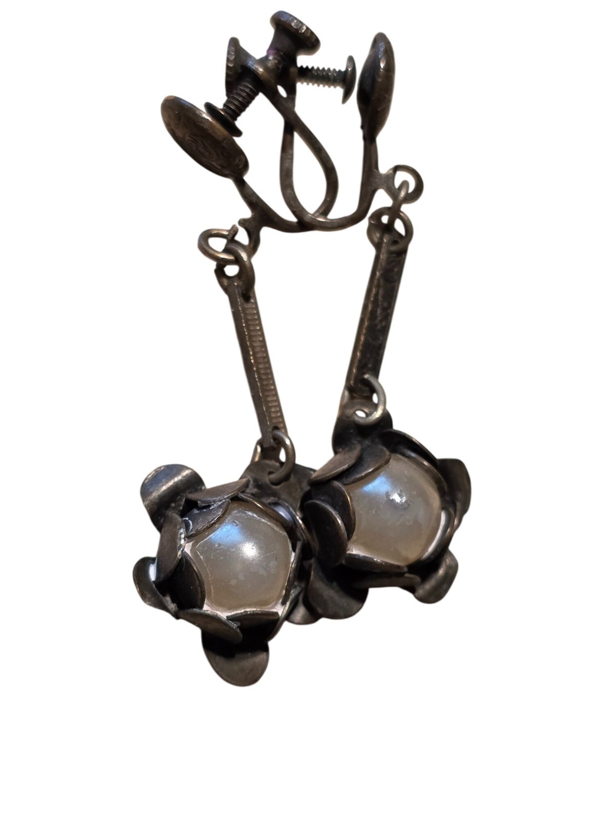Vintage Screw Back Floral Drop Earrings With Faux Pearl Accents