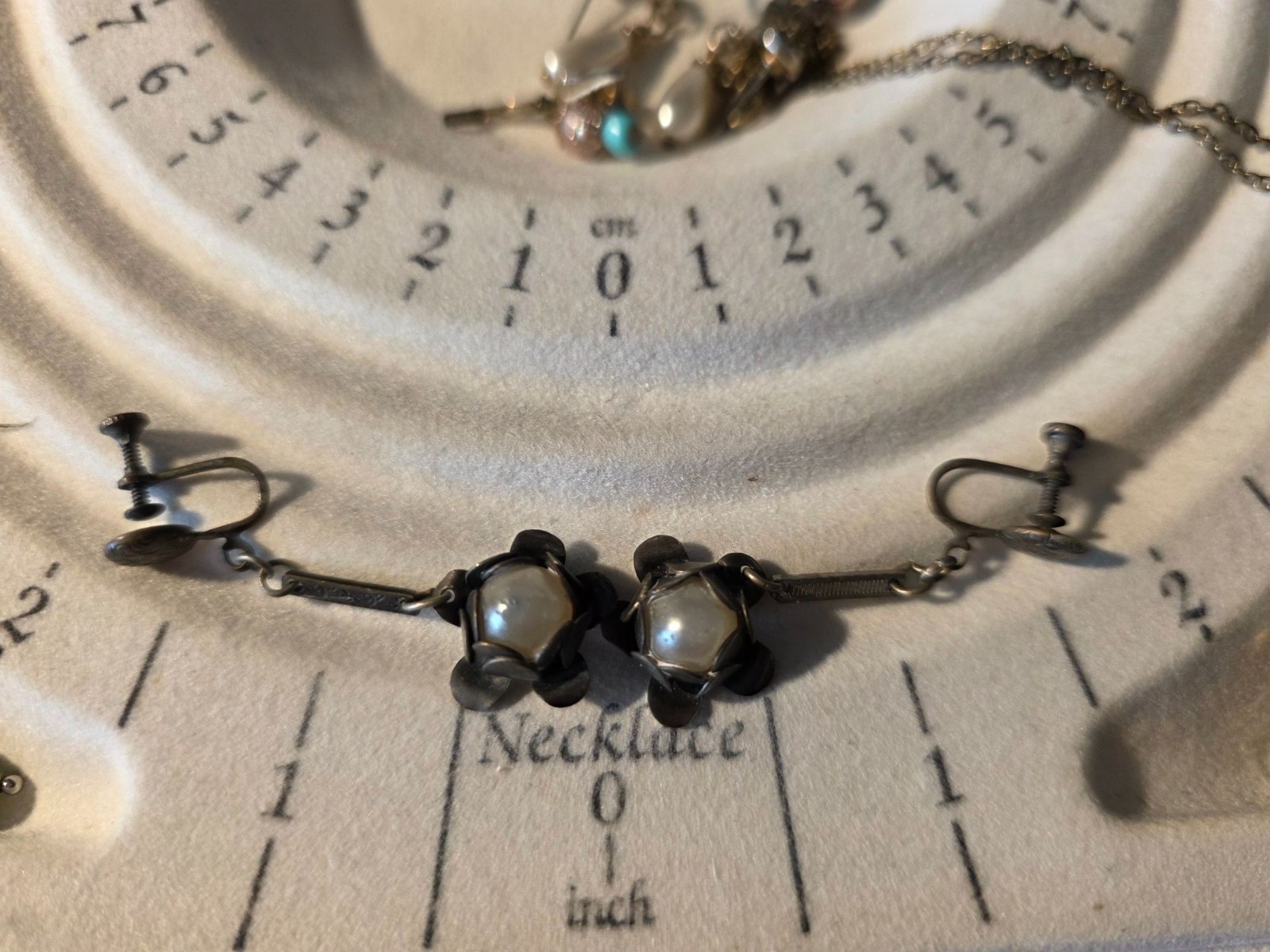 Vintage Screw Back Floral Drop Earrings With Faux Pearl Accents
