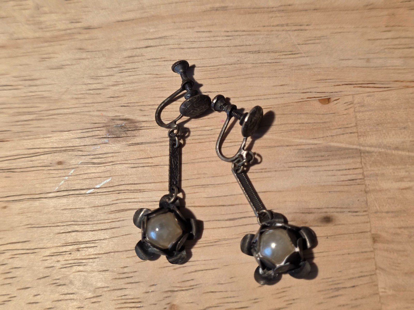 Vintage Screw Back Floral Drop Earrings With Faux Pearl Accents - View 3