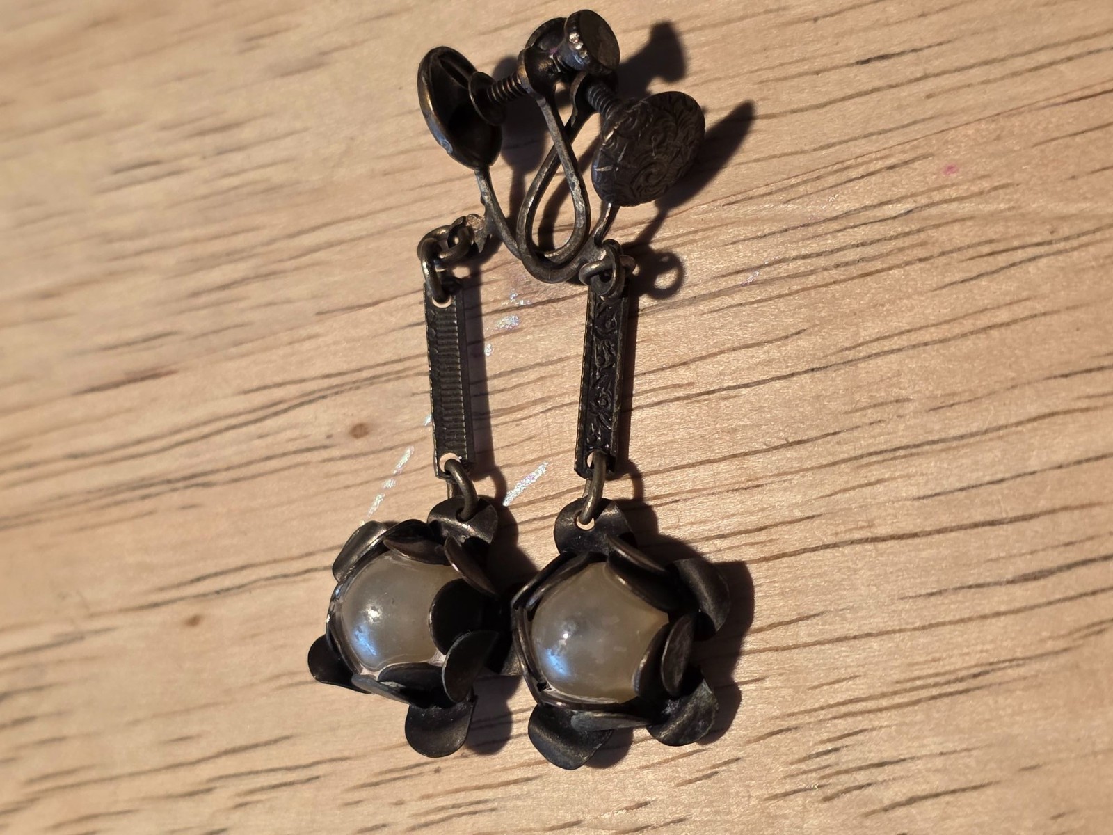 Vintage Screw Back Floral Drop Earrings With Faux Pearl Accents - View 6