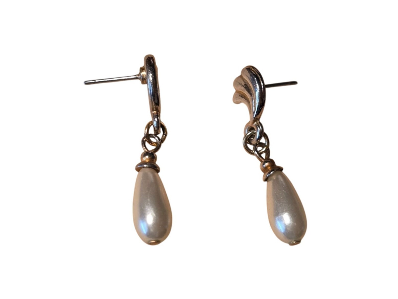 Vintage Gold Tone Faux Pearl Teardrop Earrings Wave Dangle Bridal‎ Post 1.25"