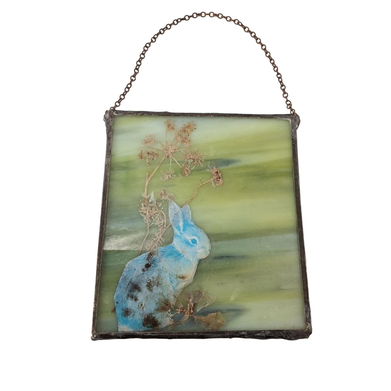 Vintage 70s Forever Flowers Stained Slag Glass Suncatcher Blue Rabbit Boho