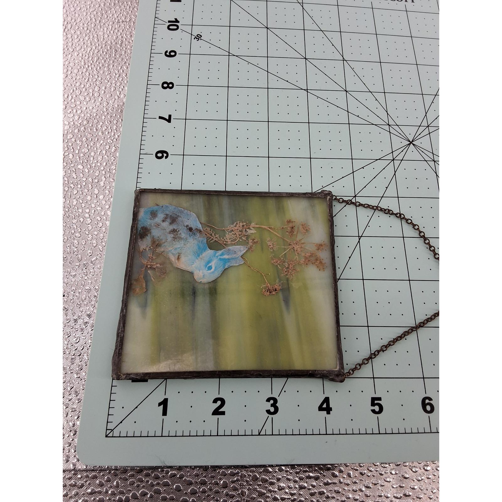 Vintage 70s Forever Flowers Stained Slag Glass Suncatcher Blue Rabbit Boho - View 4
