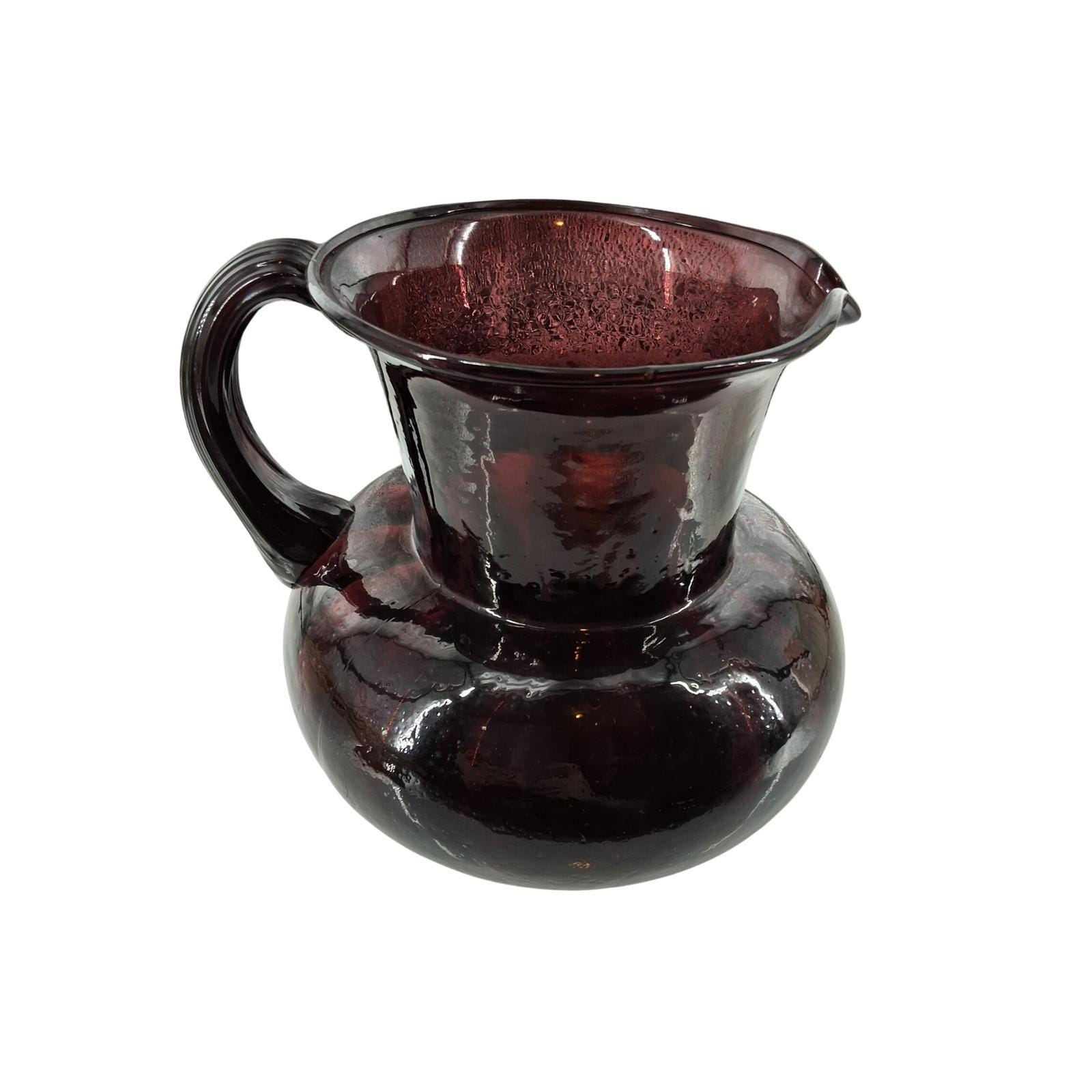 Vintage Amethyst Purple Hand Blown Art Glass Pitcher Ribbed Handle 7"