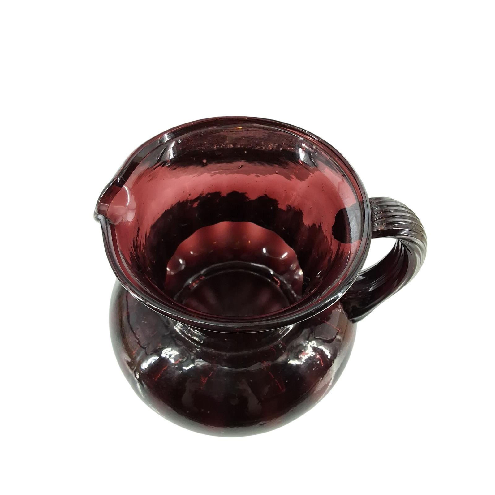 Vintage Amethyst Purple Hand Blown Art Glass Pitcher Ribbed Handle 7"