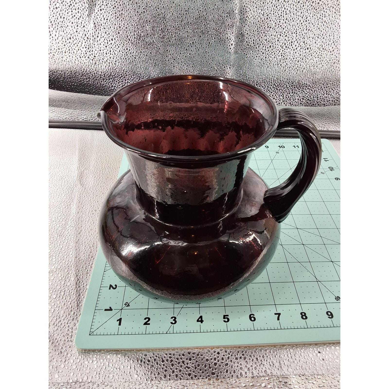 Vintage Amethyst Purple Hand Blown Art Glass Pitcher Ribbed Handle 7" - View 3