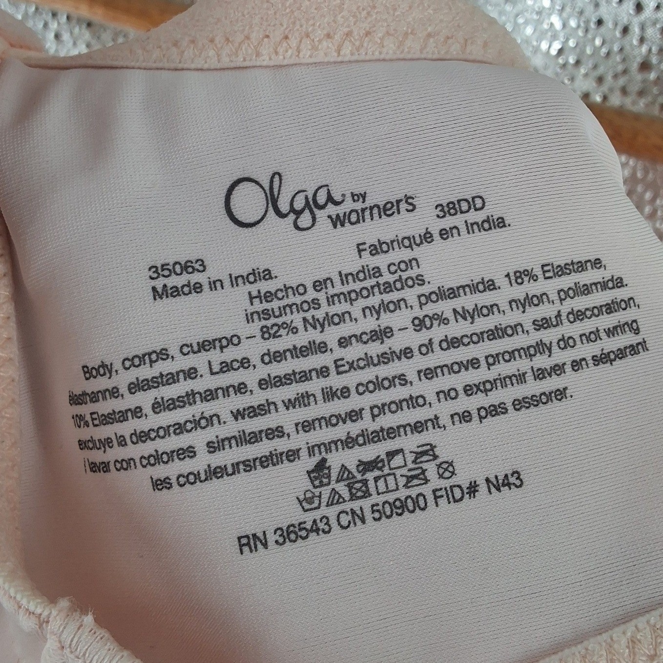 Olga Luxury Lift Underwire Bra 35063 38DD Pale Pink Full Figure Lace