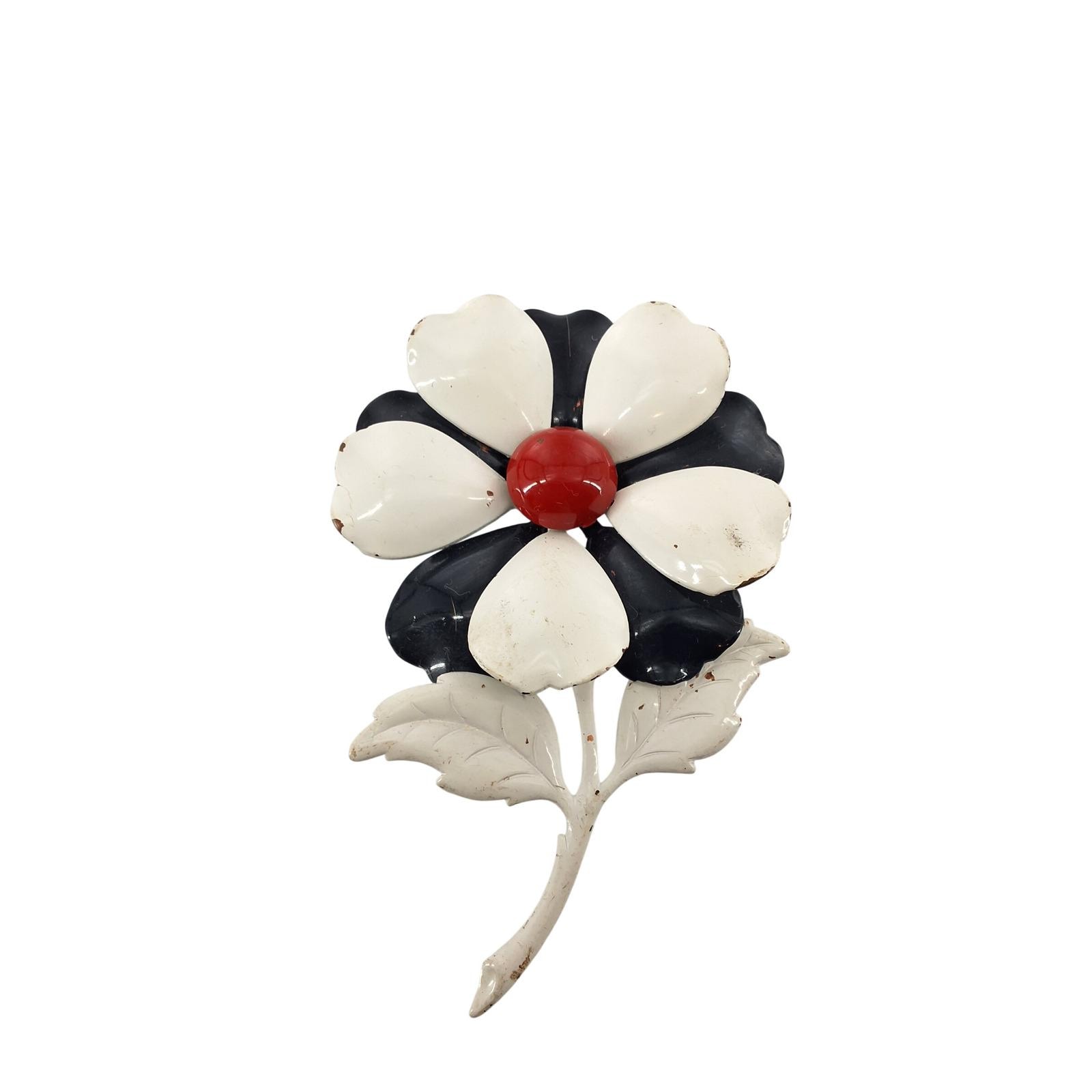 Vintage 60s Mod Enamel Flower Brooch White Black Red Retro Floral Pin 4"