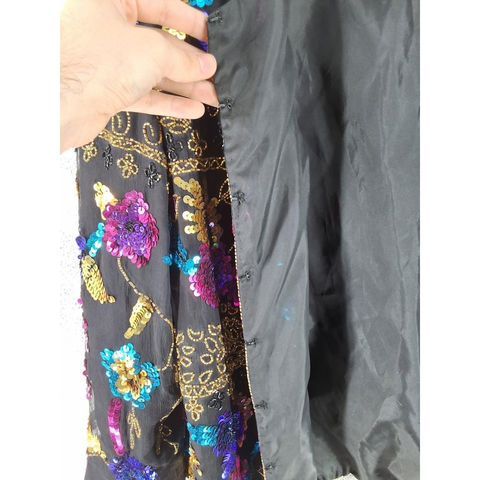 Vintage Drapers & Damons Silk Sequin Beaded Floral Evening Jacket Black PXL - View 5