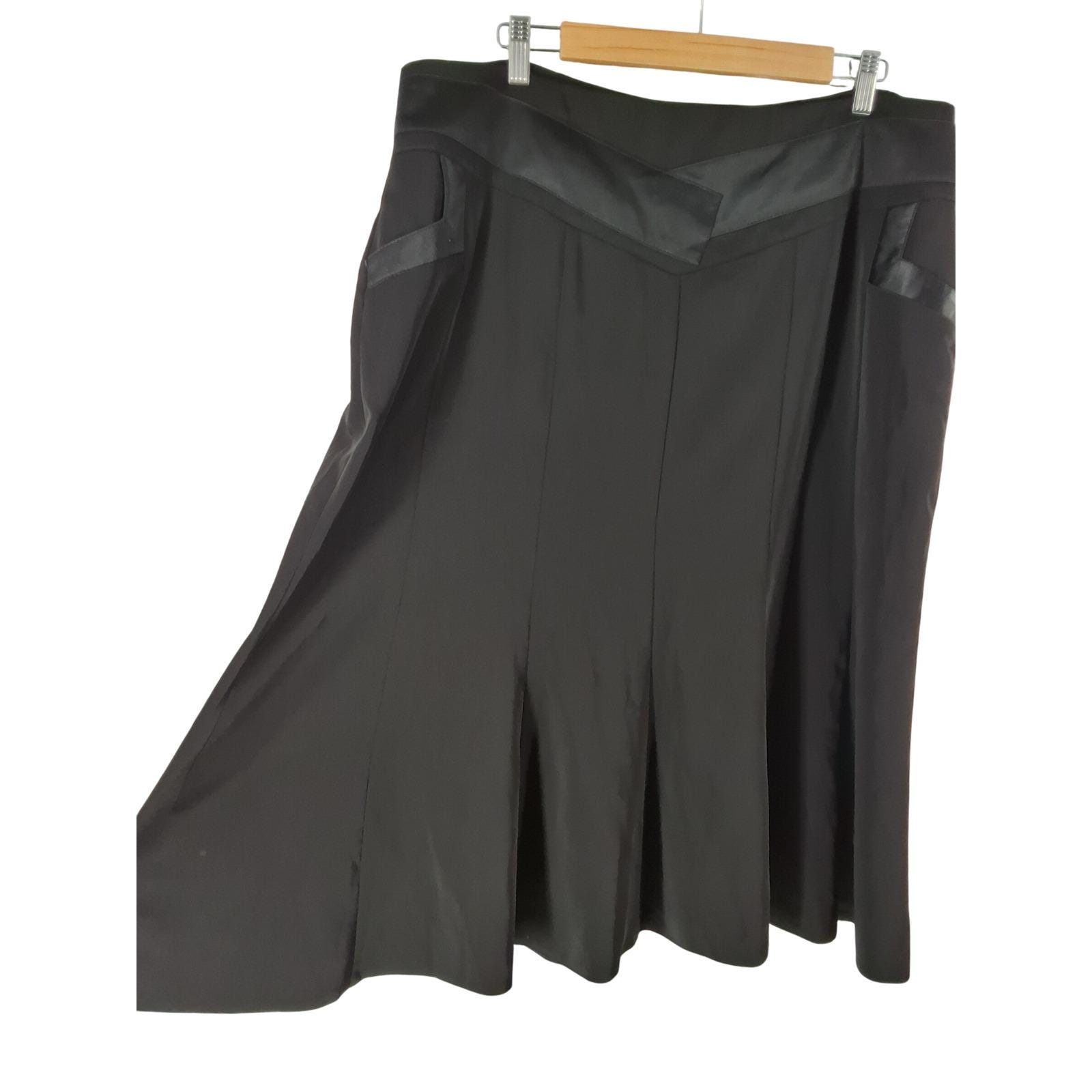 Black Paneled Midi Skirt Satin Trim V-Yoke Pockets Plus Size 56 / 22W Formal