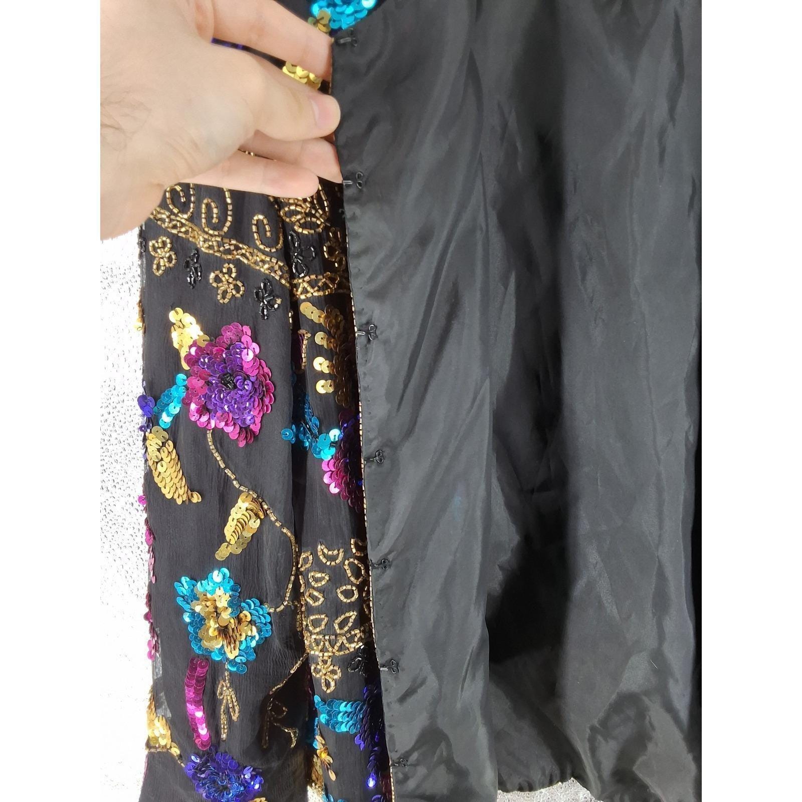 Vintage Drapers & Damons Silk Sequin Beaded Floral Evening Jacket Black PXL - View 7