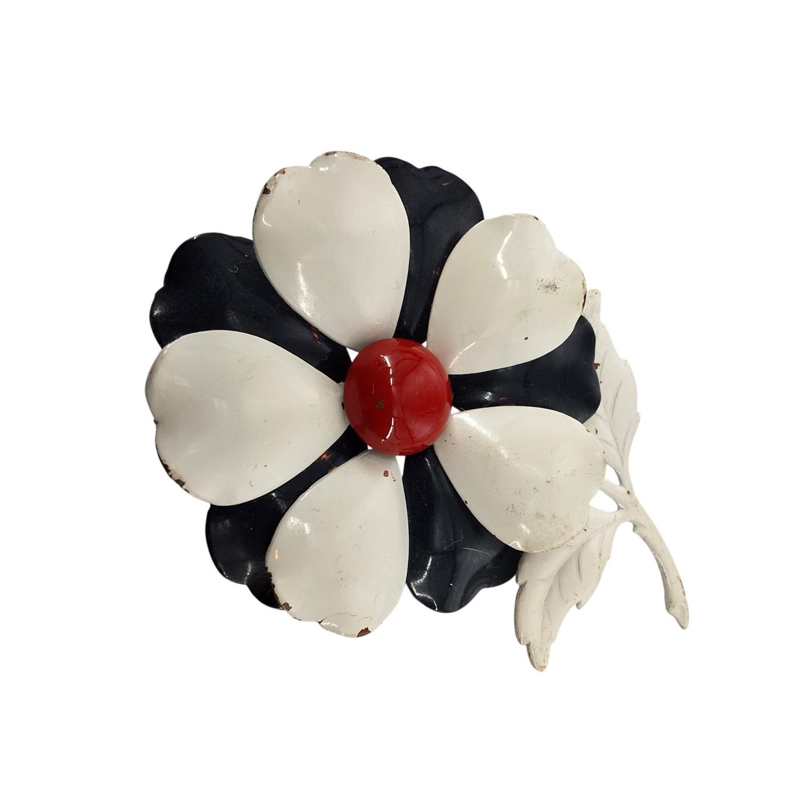 Vintage 60s Mod Enamel Flower Brooch White Black Red Retro Floral Pin 4" - View 6