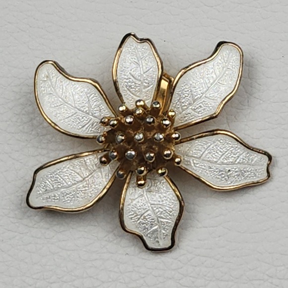 Vintage 60s Mod Enamel Flower Brooch White Black Red Retro Floral Pin 4" - View 8