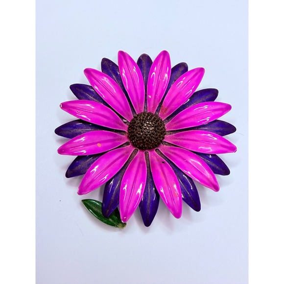 Vintage 60s Mod Enamel Flower Brooch White Black Red Retro Floral Pin 4" - View 9