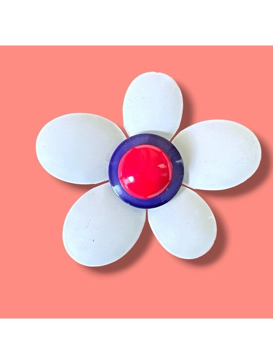Vintage 60s Mod Enamel Flower Brooch White Black Red Retro Floral Pin 4" - View 14