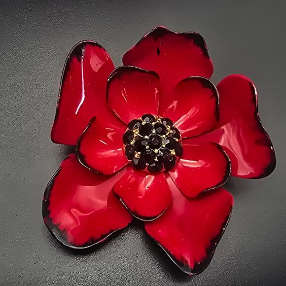 Vintage 60s Mod Enamel Flower Brooch White Black Red Retro Floral Pin 4" - View 15