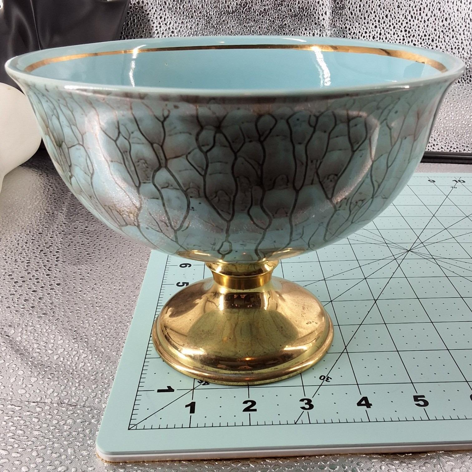 Vintage Delft Holland Turquoise Gold Veined Brass Pedestal Candy Bowl - View 5