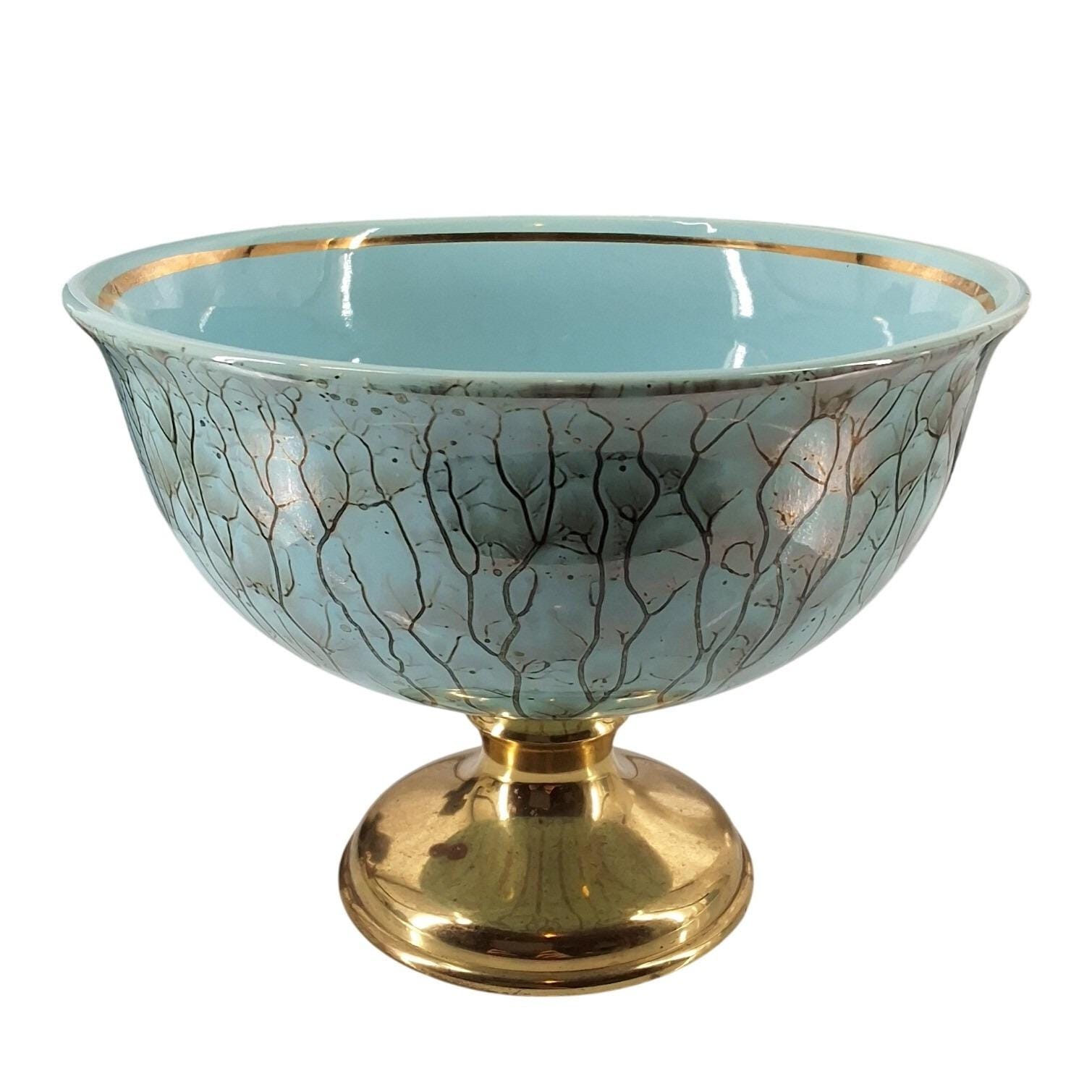 Vintage Delft Holland Turquoise Gold Veined Brass Pedestal Candy Bowl - View 6