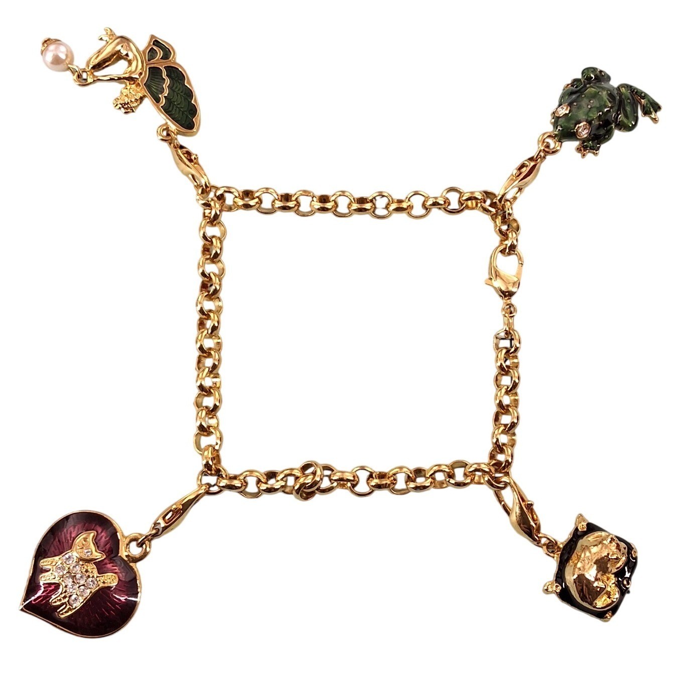Gold Tone Enamel Cat & Fairy Charm Bracelet Whimsical Fantasy Jewelry