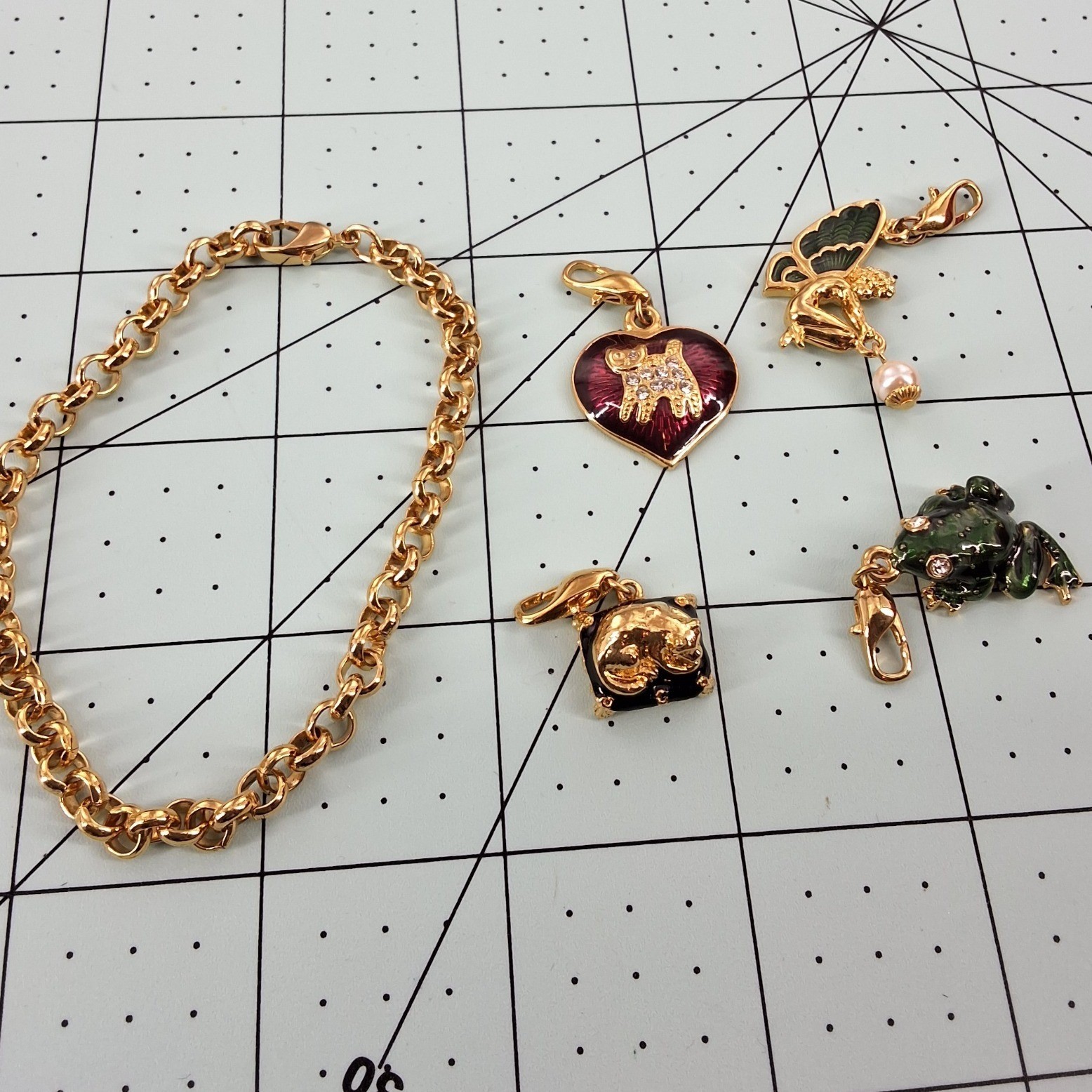 Gold Tone Enamel Cat & Fairy Charm Bracelet Whimsical Fantasy Jewelry - View 4