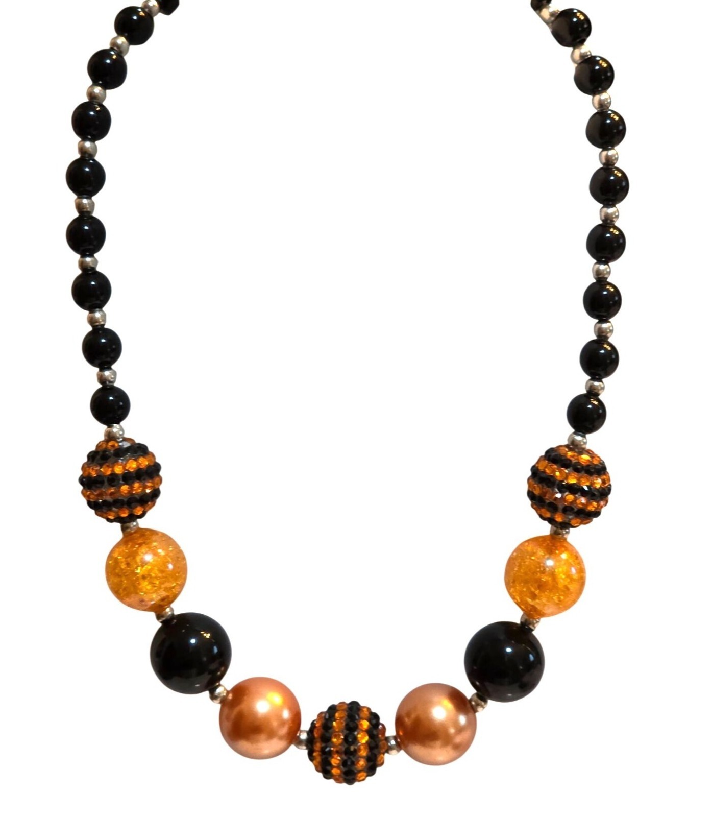 Black & Orange Beaded Halloween Statement Necklace With Adjustable Chain 20-22"‎