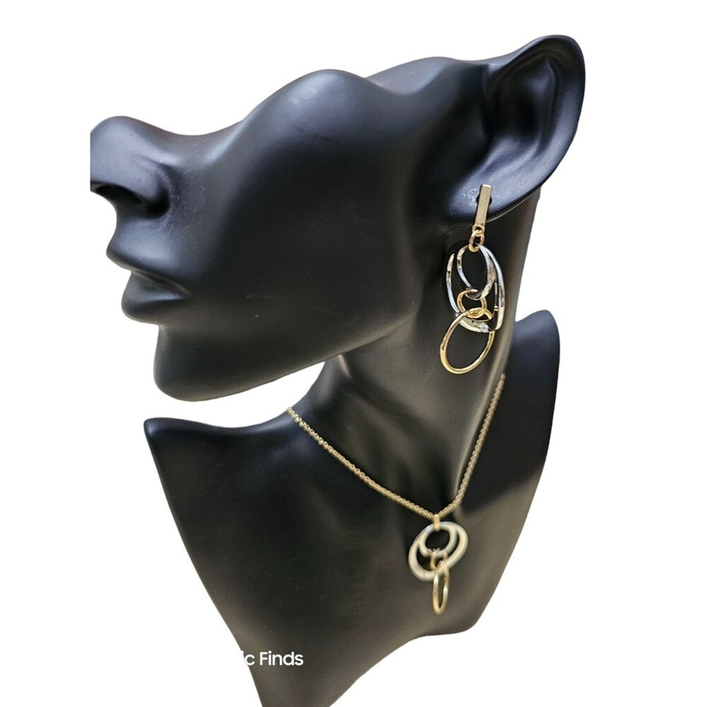 Gold & Silver Tone Park Row Pendant Necklace & Hoop Earrings Set Chain Length 18 - View 3