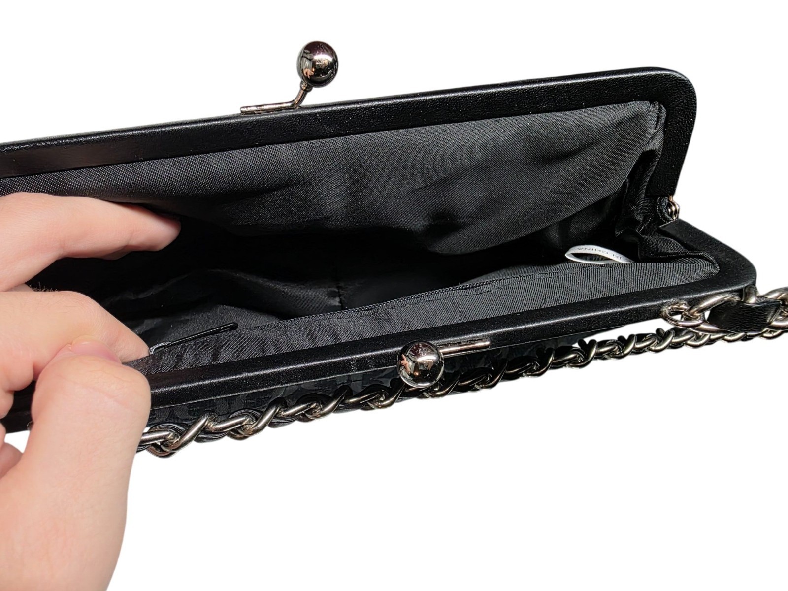 Fossil Y2K Black Leather & Chain Jacquard Fabric Mini Purse‎ Kiss-Lock Closure - View 4