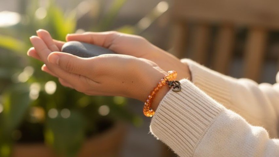 Aurora Borealis Beaded Stretch Bracelet Ohm Charm Yoga Jewelry Orange Brass‎