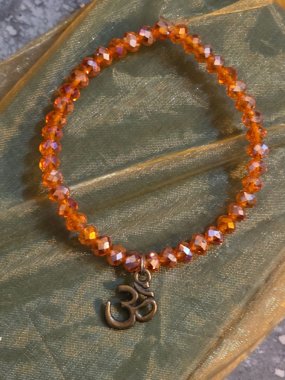 Aurora Borealis Beaded Stretch Bracelet Ohm Charm Yoga Jewelry Orange Brass‎