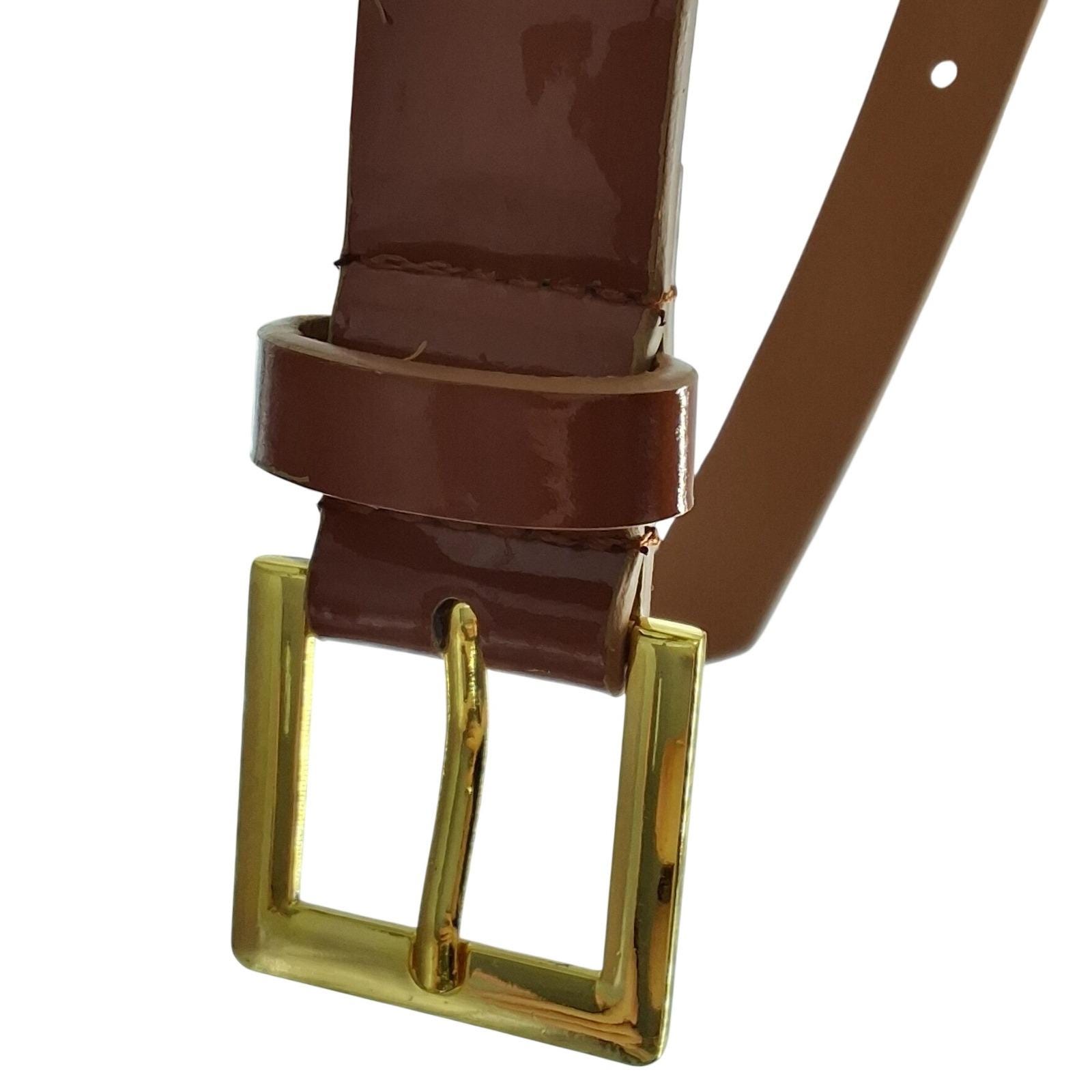 Cognac Brown Faux Patent Leather Skinny Belt Gold Buckle Size Small Slim