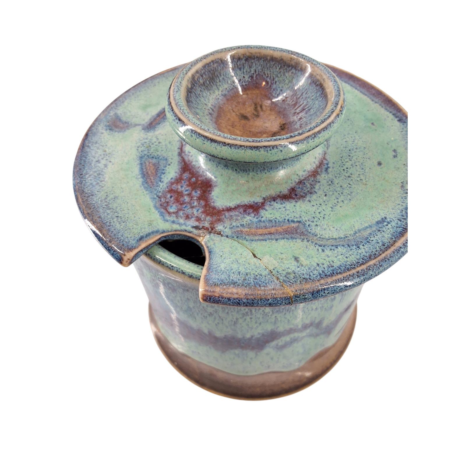 Vintage Studio Pottery Drip Glaze Lidded Sugar Jar Turquoise Purple - View 6