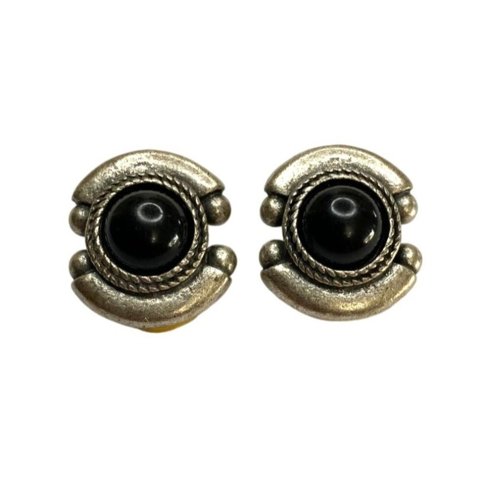 Vintage Brutalist Metal &‎ Black Cabochon Clip Earrings
