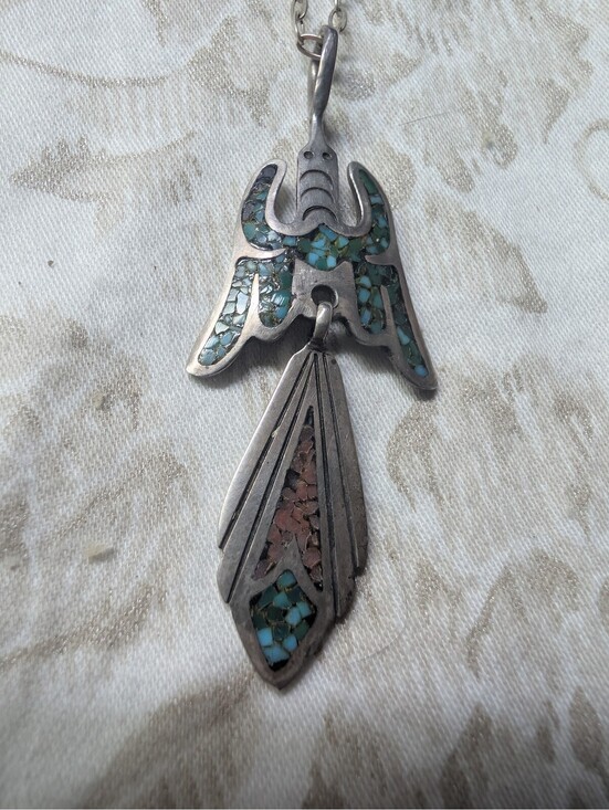 Vintage Art Deco Black Onyx Inlay Rectangular Silver Tone Pendant Charm - View 9