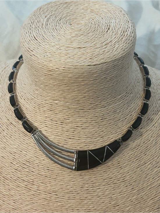 Vintage Art Deco Black Onyx Inlay Rectangular Silver Tone Pendant Charm - View 12