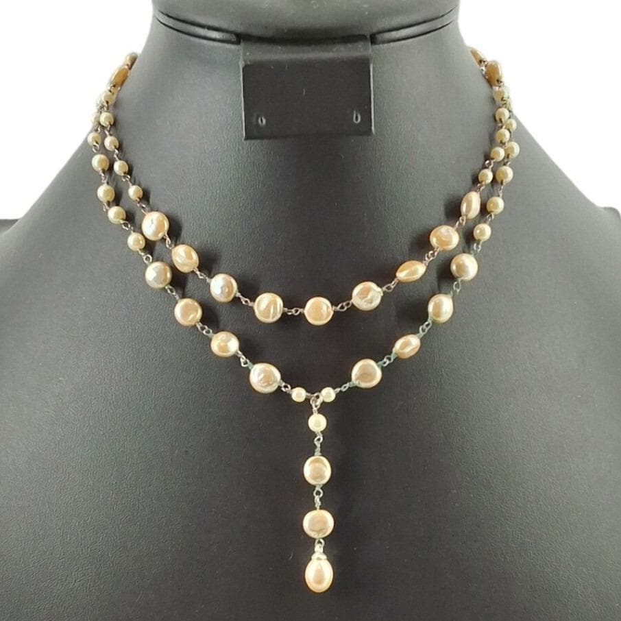 Monet Champagne Faux Pearl Multi-Strand Y-Necklace Silver Tone Teardrop