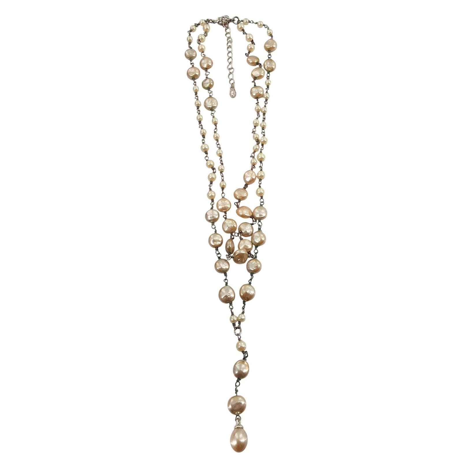 Monet Champagne Faux Pearl Multi-Strand Y-Necklace Silver Tone Teardrop - View 4