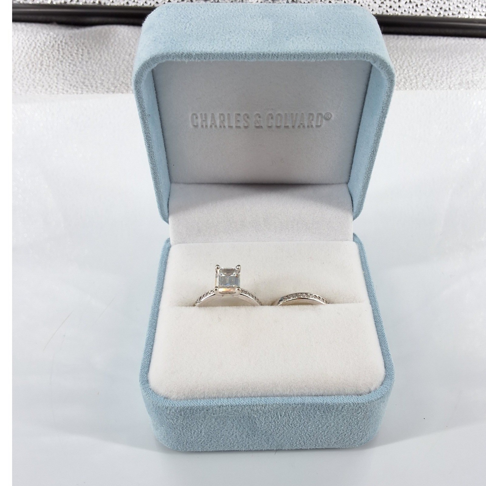 Charles & Colvard 14K WG 2.5ctw Emerald Moissanite Bridal Ring Set 5.5 - View 12