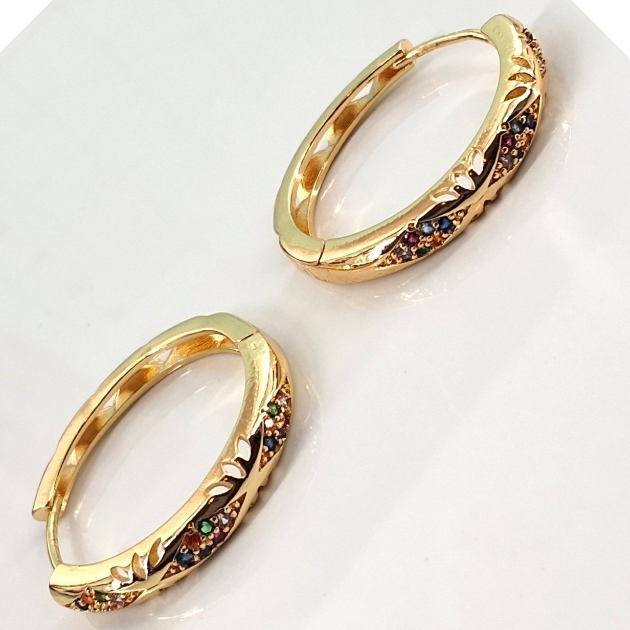 Gold Tone Rainbow Rhinestone Hinged Huggie Hoop Earrings 21mm