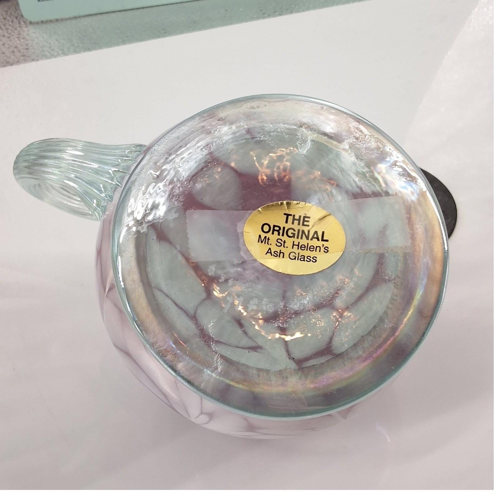 Mt St Helens Ash Glass Iridescent Pink Pulled Feather Oil Lamp Art Glass Handle