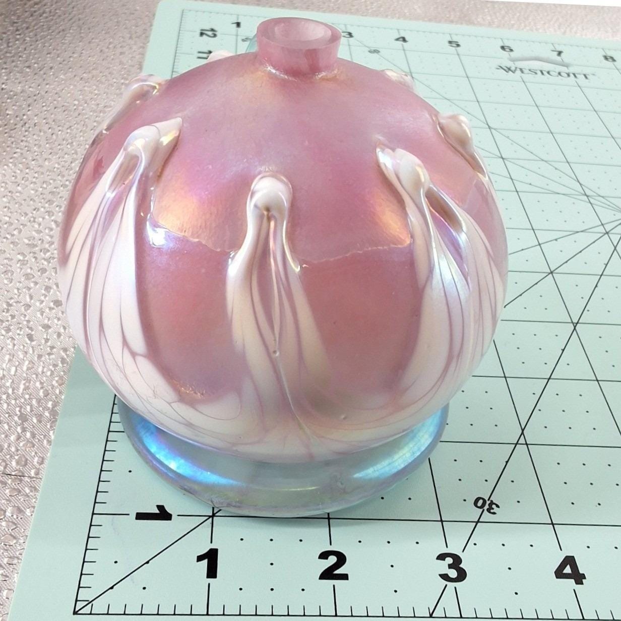 Mt St Helens Ash Glass Iridescent Pink Pulled Feather Oil Lamp Art Glass Handle - View 3
