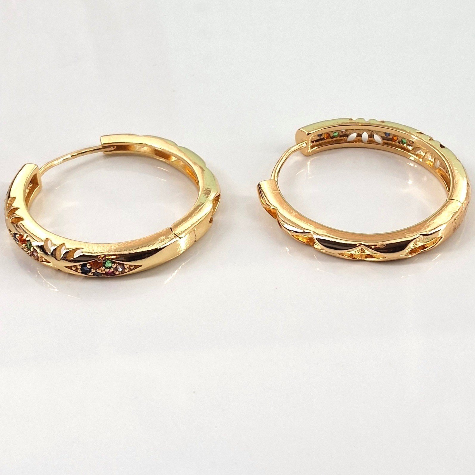 Gold Tone Rainbow Rhinestone Hinged Huggie Hoop Earrings 21mm - View 5