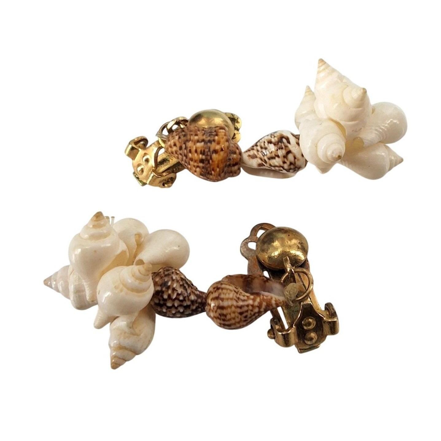 Vintage Natural Seashell Cluster Dangle Clip On Earrings Gold Tone Coastal Beach - View 4