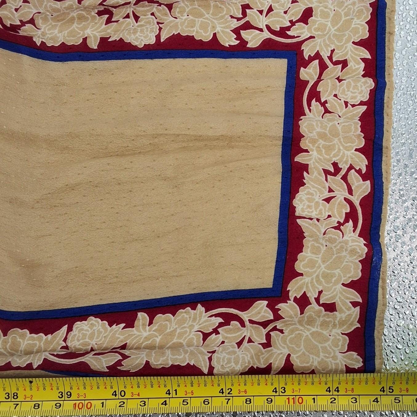 Vintage Tan Swiss Dot Jacquard Silk Scarf Floral Border Red Blue Rectangle 45"