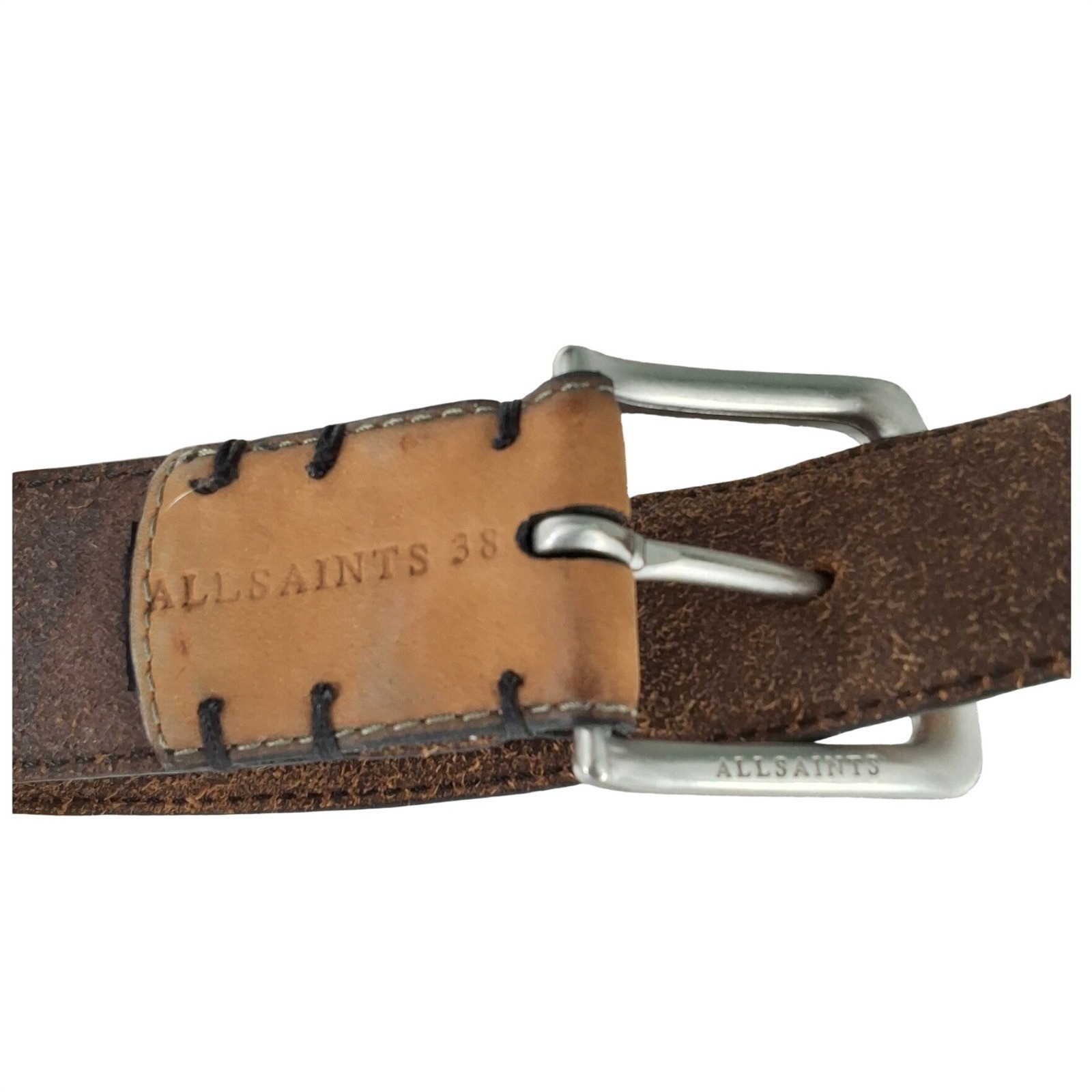 AllSaints Mens Brown Leather Belt Silver Buckle Embossed Ramskull Size 38