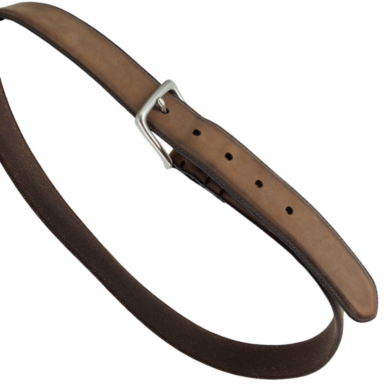 AllSaints Mens Brown Leather Belt Silver Buckle Embossed Ramskull Size 38
