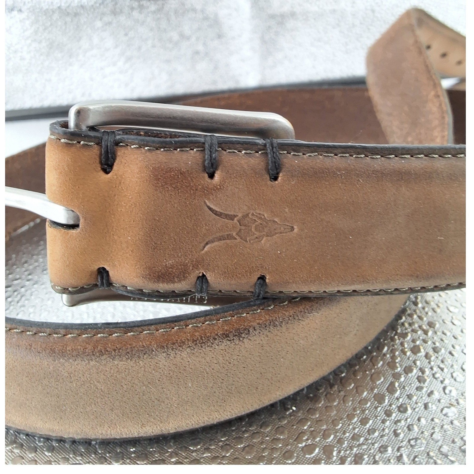 AllSaints Mens Brown Leather Belt Silver Buckle Embossed Ramskull Size 38 - View 3