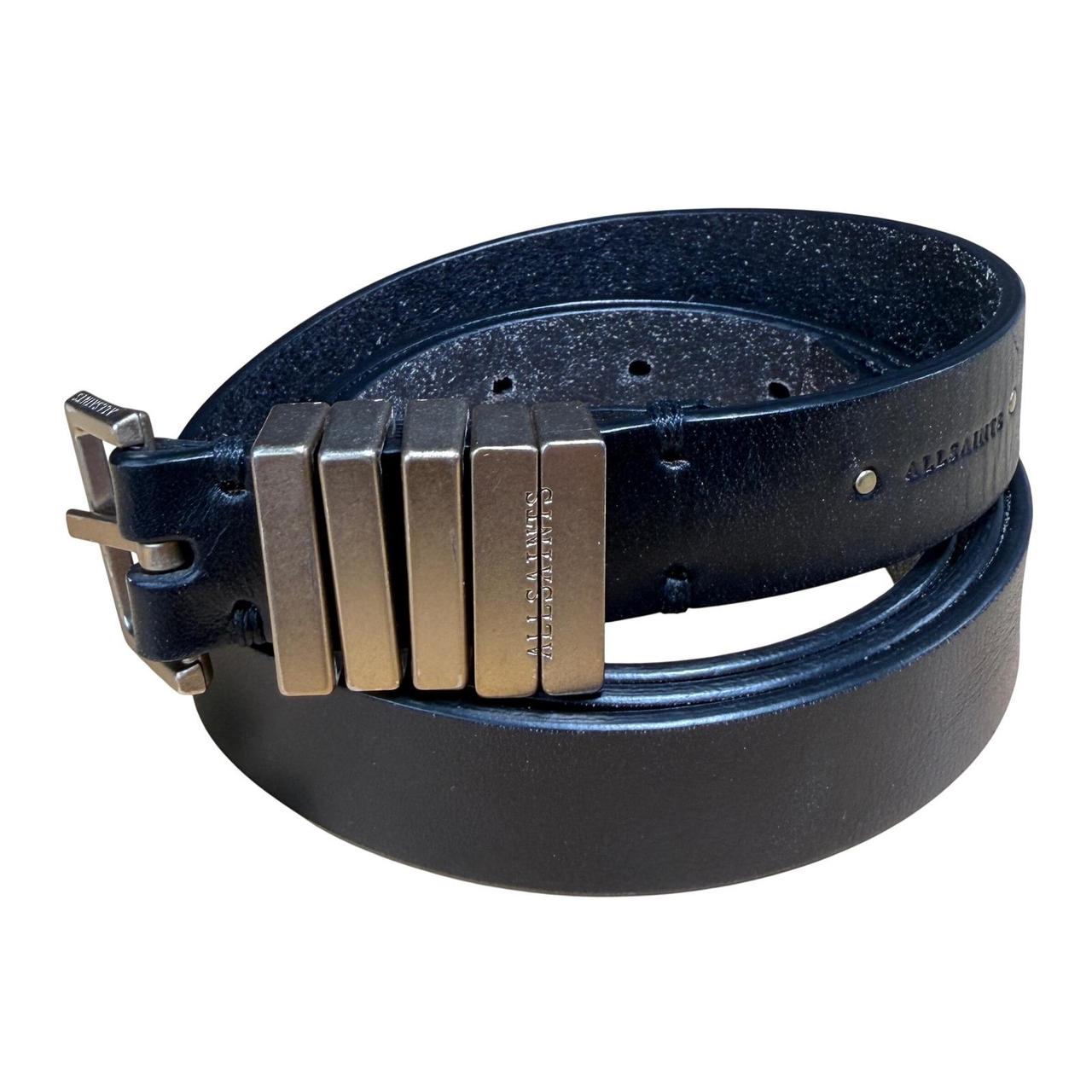 AllSaints Mens Brown Leather Belt Silver Buckle Embossed Ramskull Size 38 - View 19