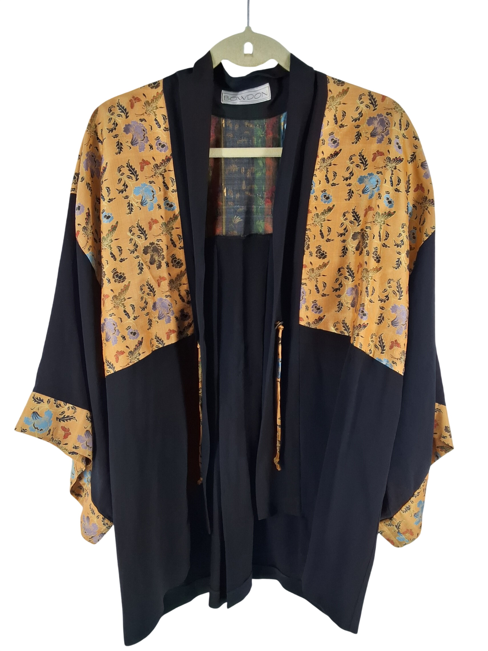 Vintage Bowdon Kimono Jacket Black Yellow Floral Butterfly Tapestry Coin Tie