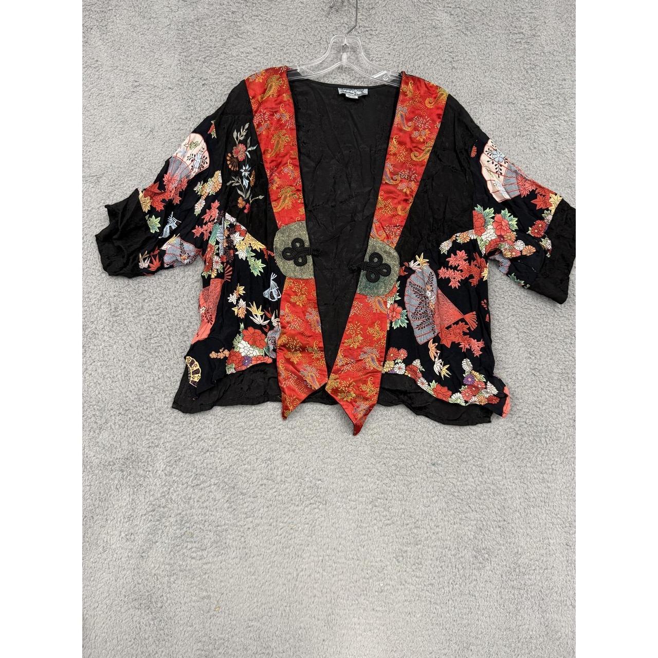 Vintage Bowdon Kimono Jacket Black Yellow Floral Butterfly Tapestry Coin Tie - View 7