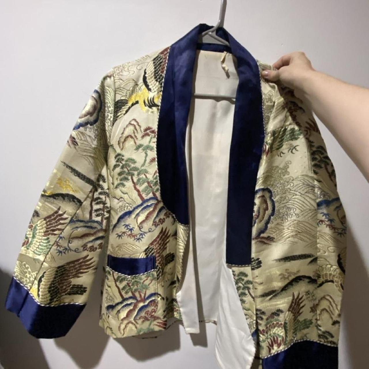 Vintage Bowdon Kimono Jacket Black Yellow Floral Butterfly Tapestry Coin Tie - View 10
